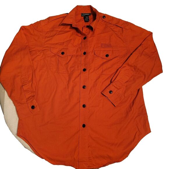 Lauren Ralph Lauren Shirt Women Small Orange Button Up Long Sleeve Pockets Logo - Picture 3 of 8